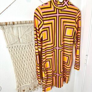 Geometric Groovy 70s 60s Long Sleeve Con Hippie Dress Yellow Pink Brown XL